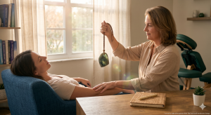 A serene photograph of a certified regression therapist in Colorado guiding a client through hypnotherapy. The professional, calming atmosphere is created with warm wood tones, deep ocean-green accents, natural light, and organic textures, reflecting Kristine’s spiritual and holistic healing style for spiritual awakening.